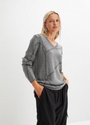 Sweter z aplikacją ze sztrasów. Szare swetry bonprix, z aplikacjami, eleganckie, bez ramiączek. Za 54.99 zł.
