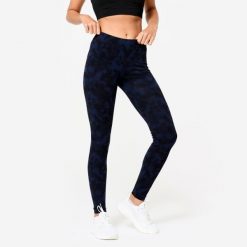 Legginsy fitness damskie Domyos. Niebieskie legginsy DOMYOS, bez wzorów, z bawełny, sportowe. Za 59.99 zł.