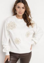 Biały Sweter z Bawełną i Aplikacjami Kwiatów 3D Erosavia. Białe swetry Born2be, uniwersalny, z aplikacjami, z bawełny, eleganckie, bez ramiączek. W wyprzedaży za 127.49 zł.