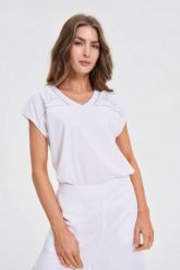 Bluzka z bawełny biała. Białe bluzki MOODO, l, bez wzorów, z bawełny, bez kołnierzyka, bez ramiączek. Za 59.99 zł.