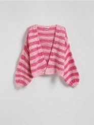 Kardigan z obniżoną linią ramion - pastelowy róż. Czerwone swetry Reserved, l, bez wzorów, z dzianiny, bez ramiączek. W wyprzedaży za 99.99 zł.