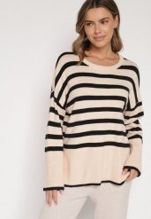 Czarno-Kremowy Sweter o Kroju Oversize z Motywem Pasków Irtusa. Czarne swetry Born2be, bez wzorów, z jeansu, bez ramiączek. Za 79.99 zł.
