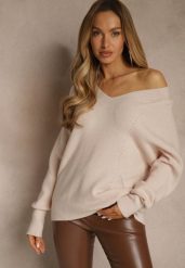 Beżowy Sweter z Dodatkiem Kaszmiru i Trójkątnym Dekoltem Silefera. Brązowe swetry Renee, bez wzorów, z jeansu, casualowe, bez ramiączek. Za 99.99 zł.