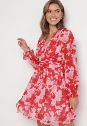 Czerwona Sukienka Rozkloszowana w Kwiaty Aclia. Czerwone sukienki Born2be, na imprezę, l, bez wzorów, bez kołnierzyka, bez ramiączek, mini, rozkloszowane. W wyprzedaży za 118.99 zł.