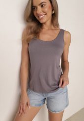 Szary Gładki Top na Szerokich Ramiączkach w Stylu Basic Starbe. Szare topy Born2be, l, bez wzorów, z jeansu, biznesowe, bez kołnierzyka, bez ramiączek. Za 39.99 zł.