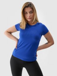 4F T-shirt slim z nadrukiem damski - niebieski XS. Niebieskie t-shirty 4f, xs, bez wzorów, z bawełny, sportowe, bez kołnierzyka, bez ramiączek. W wyprzedaży za 39.99 zł.