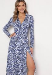 Niebiesko-Biała Maxi Sukienka Taliowana Kopertowa z Materiałowym Paskiem Ailrin. Niebieskie sukienki Born2be, l, bez wzorów, z materiału, eleganckie, bez kołnierzyka, bez ramiączek, maxi, kopertowe. W wyprzedaży za 161.49 zł.