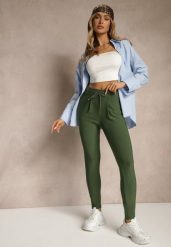 Zielone Dopasowane Spodnie High Waist z Gumką i Wiązaniem w Talii Zelpia. Zielone jeansy Renee, bez wzorów, z jeansu, eleganckie, z podwyższonym stanem. Za 49.99 zł.
