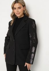 Czarna Pudełkowa Marynarka Ozdobiona Napisami Ennavis. Czarne marynarki i żakiety Born2be, s, bez wzorów, z jeansu, eleganckie, bez ramiączek. W wyprzedaży za 229.49 zł.