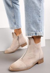 Beżowe Botki w Stylu Nowoczesnych Sztybletów ze Skórzaną Wkładką i Ozdobnym Suwakiem Asaxs. Brązowe botki Renee, bez wzorów, eleganckie, bez obcasa, na płaskiej podeszwie, bez zapięcia. W wyprzedaży za 90.99 zł.