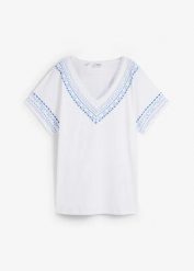 Wygodny t-shirt z haftowym nadrukiem, z bawełny organicznej. Białe t-shirty bonprix, bez wzorów, z bawełny, bez kołnierzyka, bez ramiączek. Za 67.99 zł.