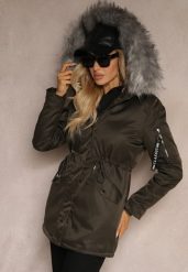 Zielono-Szara Kurtka Parka z Kapturem i Futrzanym Obszyciem z Możliwością Odpięcia Inaveira. Zielone kurtki Renee, l, bez wzorów, z dzianiny, eleganckie, z kapturem. W wyprzedaży za 239.99 zł.