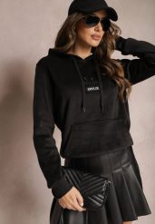 Czarna Ocieplona Bluza Welurowa o Fasonie Kangurki z Napisem Meluia. Czarne bluzy Renee, l, z aplikacjami, z polaru, casualowe, bez ramiączek, z kapturem. W wyprzedaży za 87.99 zł.