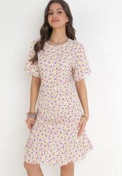 Beżowa Pudełkowa Sukienka w Kwiaty z Falbanką Temrance. Brązowe sukienki Born2be, l, bez wzorów, bez kołnierzyka, bez ramiączek, midi. Za 79.99 zł.