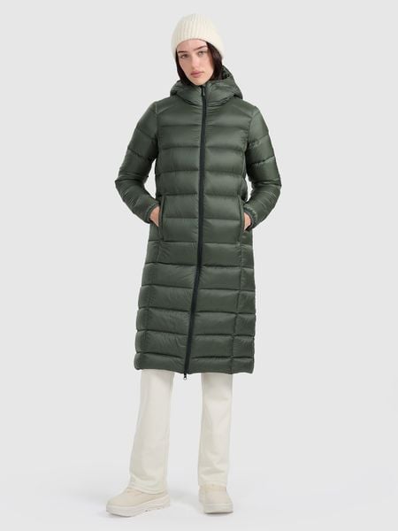 4F Płaszcz puchowy z wypełnieniem naturalnym damski - khaki XS. Brązowe płaszcze 4f, na zimę, xs, bez wzorów, z materiału, bez kaptura. Za 799.99 zł.