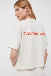 Calvin Klein Jeans t-shirt bawełniany kolor beżowy. Brązowe t-shirty Calvin Klein Jeans, s, z aplikacjami, z bawełny, bez kołnierzyka, bez ramiączek. W wyprzedaży za 144.99 zł.