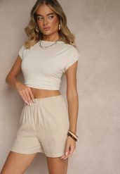 Jasnobeżowe Casualowe Szorty z Lnem z Gumką w Pasie i Kieszeniami Filionella. Brązowe szorty Renee, bez wzorów, eleganckie. W wyprzedaży za 51.99 zł.