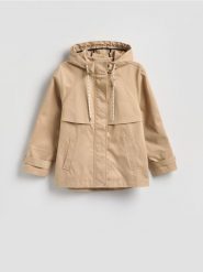 Kurtka z kapturem - beżowy. Brązowe kurtki Reserved, l, bez wzorów, z tkaniny, z kapturem. Za 179.99 zł.