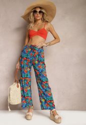 Niebiesko-Pomarańczowe Wiskozowe Spodnie z Prostą Nogawką High Waist w Kwiatowy Wzór Zaranima. Niebieskie jeansy Renee, na lato, l, bez wzorów, z jeansu, z podwyższonym stanem. W wyprzedaży za 29.99 zł.