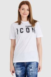 DSQUARED2 Biały t-shirt damski icon spray. Białe t-shirty Dsquared2, s, bez wzorów, z bawełny, bez kołnierzyka, bez ramiączek. W wyprzedaży za 699.99 zł.