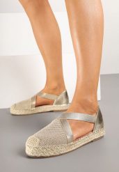 Złote Plecione Espadryle z Ozdobnymi Paskami Morithia. Żółte espadryle Renee, bez wzorów, eleganckie, bez obcasa, na płaskiej podeszwie. W wyprzedaży za 69.99 zł.
