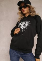 Czarna Klasyczna Bluza z Nadrukiem na Przodzie i Kapturem Inalle. Czarne bluzy Renee, na jesień, l, bez wzorów, casualowe, bez ramiączek. W wyprzedaży za 71.99 zł.