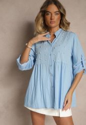 Jasnoniebieska Koszula z Wiskozą i Perełkami Tanathiel. Niebieskie koszule Renee, z aplikacjami, z jeansu, eleganckie, bez kołnierzyka, bez ramiączek. W wyprzedaży za 67.99 zł.
