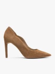 Brązowe czółenka ze skóry licowej na szpilce. Brązowe czółenka Ryłko, bez wzorów, z gumy, eleganckie, bez obcasa, na szpilce, bez zapięcia. Za 399.99 zł.