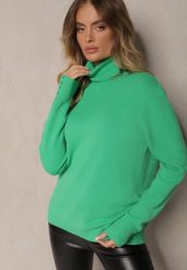 Zielony Pudełkowy Golf z Wiskozą Ozdobiony Guzikami przy Rękawach Tiarose. Zielone swetry Renee, l, bez wzorów, z jeansu, eleganckie, bez ramiączek. W wyprzedaży za 55.99 zł.