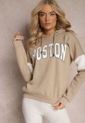 Beżowa Bawełniana Bluza z Kapturem w Amerykańskim Stylu z Napisem i Polarem Iocaste. Brązowe bluzy Renee, bez wzorów, z bawełny, z kapturem. Za 89.99 zł.