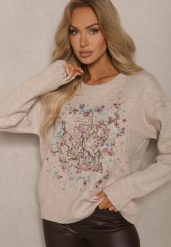Brązowy Sweter z Kolorowym Haftem z Przodu Inavessa. Brązowe swetry Renee, na zimę, bez wzorów, casualowe, bez ramiączek. W wyprzedaży za 135.99 zł.