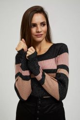 Sweter w paski z metaliczną nitką i okrągłym dekoltem czarny. Czarne swetry MOODO, l, bez wzorów, z poliamidu, bez ramiączek. W wyprzedaży za 69.99 zł.