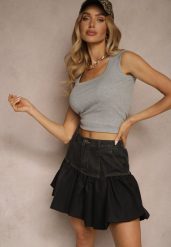 Szary Dopasowany Top z Prążkowanej Tkaniny z Wiskozy Nelluria. Szare topy Renee, uniwersalny, bez wzorów, z jeansu, eleganckie, bez kołnierzyka, bez ramiączek. W wyprzedaży za 39.99 zł.