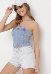 Niebieski Jeansowy Krótki Top Gorsetowy Efiloe. Niebieskie topy Born2be, l, bez wzorów, z bawełny, eleganckie, bez kołnierzyka, bez ramiączek. Za 79.99 zł.