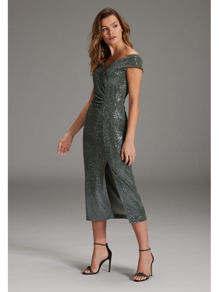 SWING Sukienka w kolorze khaki rozmiar: 38. Brązowe sukienki Swing, bez wzorów, bez kołnierzyka, bez ramiączek, maxi. Za 234.94 zł.