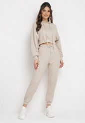 Beżowy Komplet Dresowy Bluza z Kapturem i Spodnie Joggery Famiana. Brązowe bluzy Born2be, l, bez wzorów, z dresówki, bez ramiączek, z kapturem. W wyprzedaży za 186.99 zł.