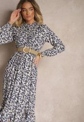 Niebieska Rozkloszowana Sukienka z Gumką w Talii Zdobiona Falbankami Ridirina. Niebieskie sukienki Renee, na co dzień, m, z aplikacjami, eleganckie, bez kołnierzyka, bez ramiączek, midi, rozkloszowane. W wyprzedaży za 83.99 zł.