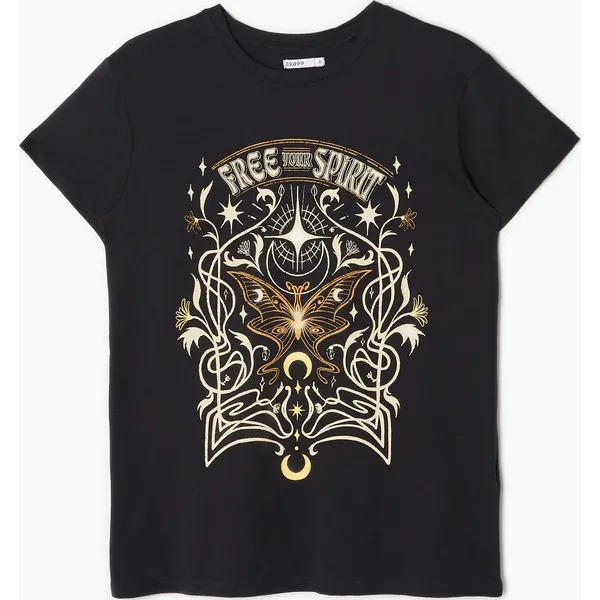 Bawełniany T-shirt z nadrukiem - Czarny. Czarne t-shirty Cropp, l, bez wzorów, z bawełny, bez kołnierzyka, bez ramiączek. W wyprzedaży za 29.99 zł.