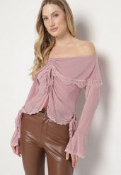 Różowa Siateczkowa Bluzka z Bawełny i Wiskozy z Odkrytymi Ramionami Fenikka. Czerwone bluzki Born2be, l, z aplikacjami, z bawełny, bez kołnierzyka, bez ramiączek. Za 89.99 zł.