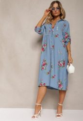 Niebieska Koszulowa Bawełniana Sukienka Zapinana na Guziki Nuramla. Niebieskie sukienki Renee, na co dzień, uniwersalny, bez wzorów, z bawełny, eleganckie, bez kołnierzyka, bez ramiączek, midi, kopertowe. W wyprzedaży za 111.99 zł.