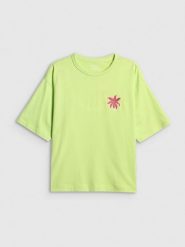 4F T-shirt boxy z nadrukiem damski - zielony S. Żółte t-shirty 4f, s, bez wzorów, z bawełny, bez kołnierzyka, bez ramiączek. Za 69.99 zł.