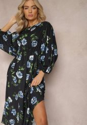 Czarno-Niebieska Midi Sukienka w Kwiaty o Rozkloszowanym Kroju z Rękawami Nietoperz Jervia. Czarne sukienki Renee, l, bez wzorów, eleganckie, bez kołnierzyka, bez ramiączek, midi, rozkloszowane. W wyprzedaży za 39.99 zł.