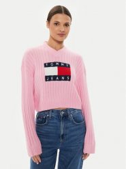 Tommy Jeans Sweter Center Flag DW0DW18528 Różowy Relaxed Fit. Czerwone swetry Tommy Jeans, l, bez wzorów, z jeansu, bez ramiączek. Za 419.99 zł.
