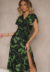 Czarno-Zielona Sukienka o Rozkloszowanym Kroju z Wiązaniem z Motywem Roślinnym Janiraena. Zielone sukienki Renee, na co dzień, m, z aplikacjami, eleganckie, bez kołnierzyka, bez ramiączek, maxi, rozkloszowane. W wyprzedaży za 55.99 zł.