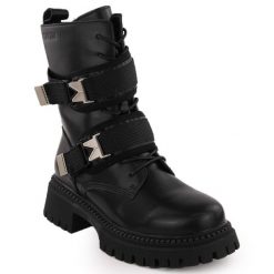 Skórzane workery damskie z klamrami czarne Big Star OO274A274. Czarne botki bez wzorów, retro, bez obcasa, bez zapięcia. Za 359.10 zł.