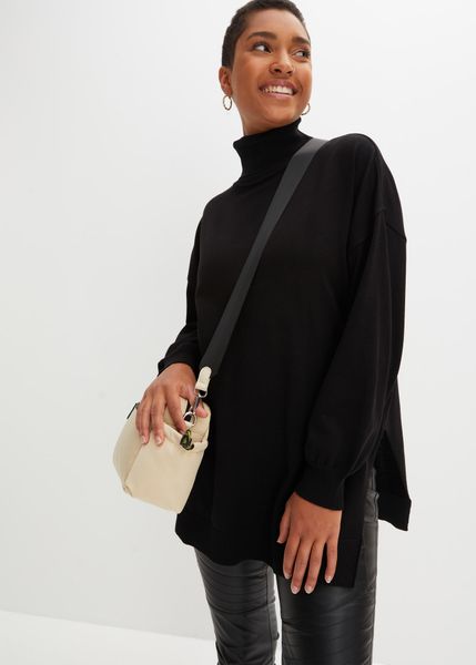 Sweter z golfem z mieszanki wiskozy. Czarne swetry bonprix, bez wzorów, z wiskozy, bez ramiączek. Za 119.99 zł.