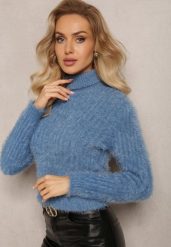 Granatowy Golf z Puchatego Materiału z Wełną i Długim Rękawem Geolla. Niebieskie swetry Renee, na jesień, bez wzorów, z wełny, bez ramiączek. Za 44.99 zł.