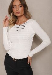 Biały Prążkowany Rozpinany Kardigan z Wiskozą Pinnalia. Białe swetry Renee, s, bez wzorów, z jeansu, eleganckie, bez ramiączek. W wyprzedaży za 51.99 zł.