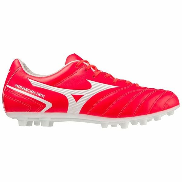 Buty sportowe dla dorosłych do gry w piłkę Monarcida Neo II Select AG. Czerwone buty treningowe Mizuno, bez wzorów, z materiału, bez zapięcia. Za 259.99 zł.