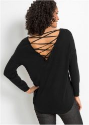 Sweter z dekoltem w serek z tyłu. Czarne swetry bonprix, bez wzorów, bez ramiączek. Za 99.99 zł.